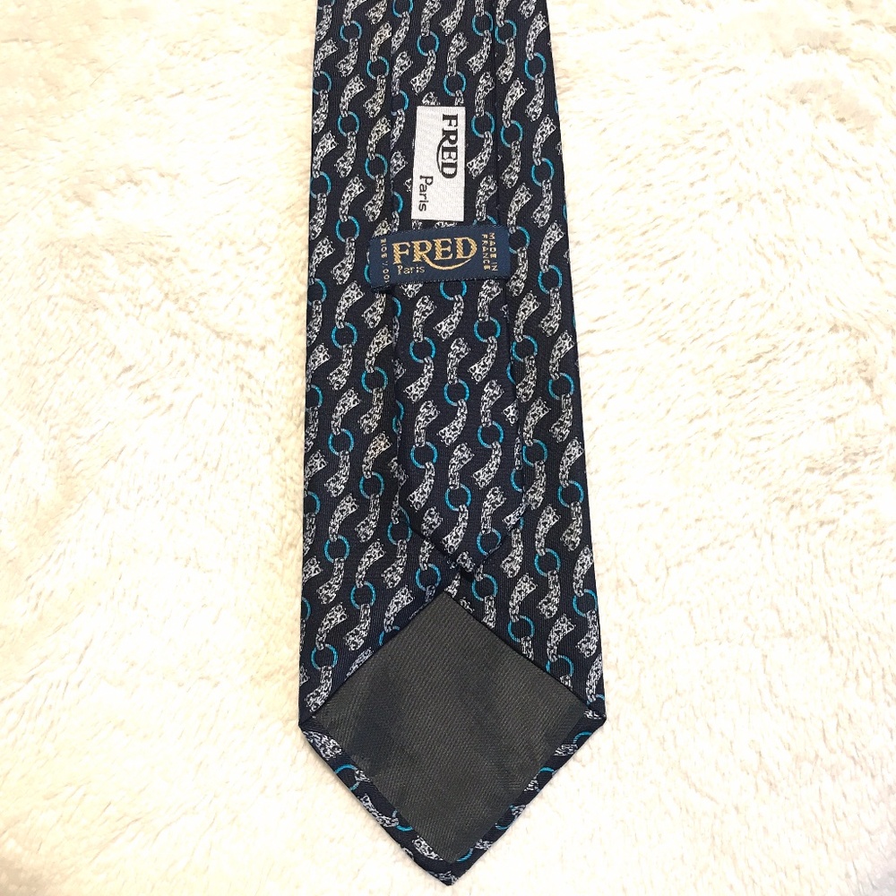 Fred Paris Vintage Silk Tie Black w/ Retro Chain Pattern